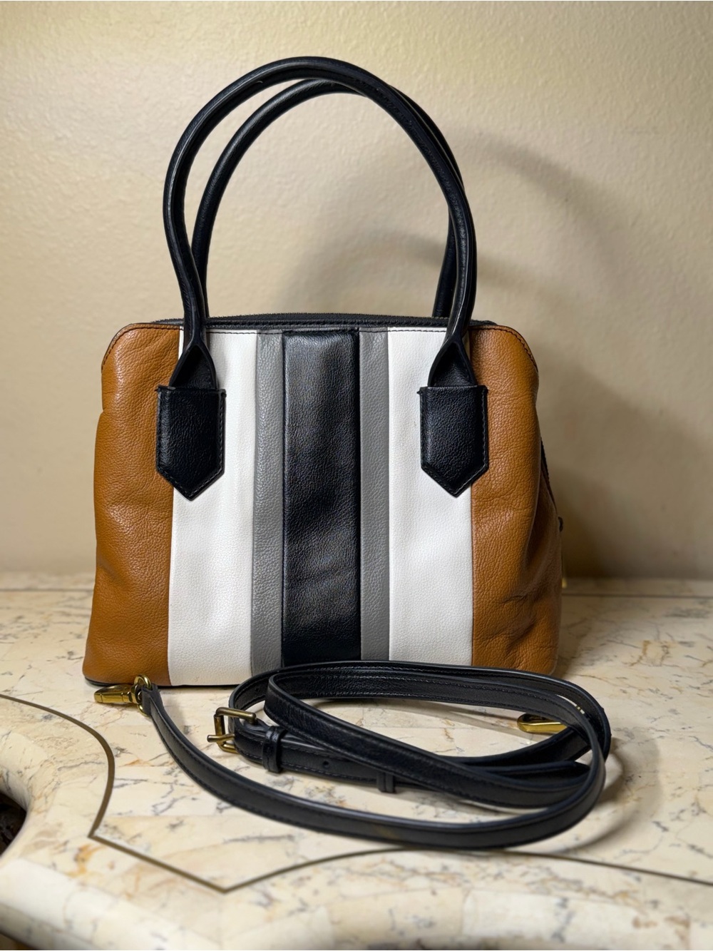 Vintage Fossil Striped Leather Satchel - Picture 2 of 15